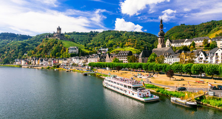 Romantic river cruises over Rhein - medieval Cochem town. Germany - obrazy, fototapety, plakaty