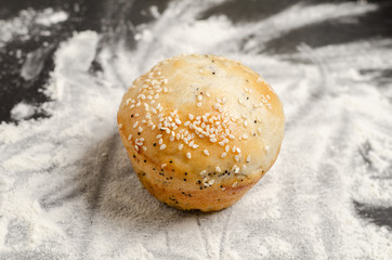 Bakery product. Delicious buns and cooking process. Flour.
