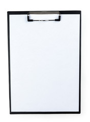 Classic clipboard with blank white paper on isolated background