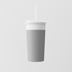 Close-up One Blank Gray Kraft Smoothies Cup Isolated White Background.Take Away Cocktail Mug Closed Cap Tube Top.Clean Retail Mockup Presentation Ready Business Message.Square. 3d rendering.