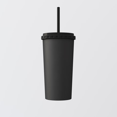 Close-up One Empty Black Cardboard Refreshing Beverage Cup Isolated Background.Take Away Cocktail Mug Closed Cap Tube Top.Clean Retail Mockup Presentation Ready Business Message.Square. 3d rendering.