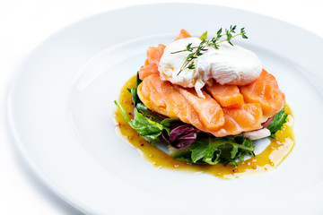 Salmon salad isolated on white