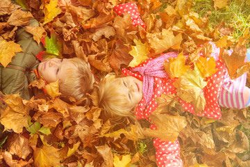 happy kids having fun in autumn fall leaves