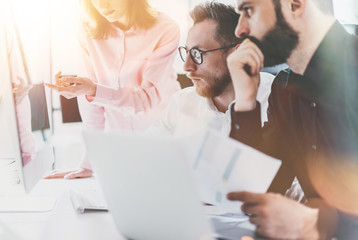 Coworkers Business Meeting Process Sunny Office.Closeup Teamwork Modern Concept.Group Young People Discussing Together Startup Idea.Businessman Team Working Online Project Desktop.Blurred Background.