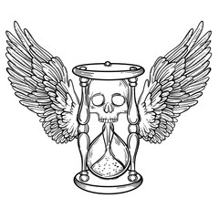 Decorative antique death hourglass illustration with wings and skull. Hand drawn tarot card. Sketch for tattoo, hipster t-shirt design, vintage style posters. Coloring book for kids and adults. - 121127691