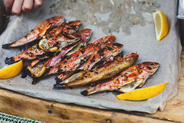 Seafood, fish mackerel grilled at barbecue