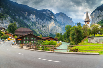 Fototapeta na wymiar Amazing Lauterbrunnen town with high cliffs,Bernese Oberland,Switzerland,Europe