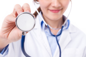 confident, happy, positive female doctor's hand holding stethosc