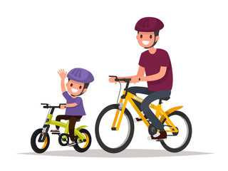 Fototapeta premium Active holidays. Father and son are riding bikes. Vector illustr