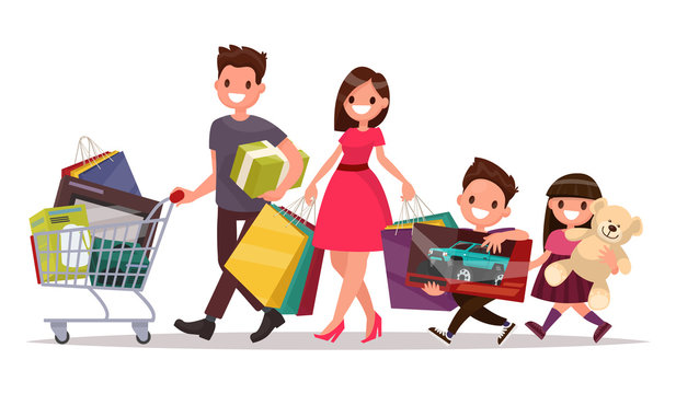 Happy family with shopping. Big discount. Purchasing of goods an Stock  Vector | Adobe Stock