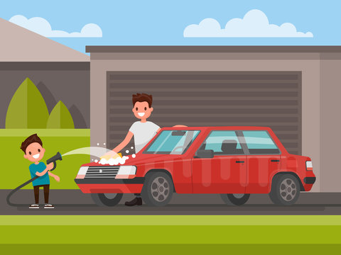 Washing of car outdoors. Father and son are washing car. Vector