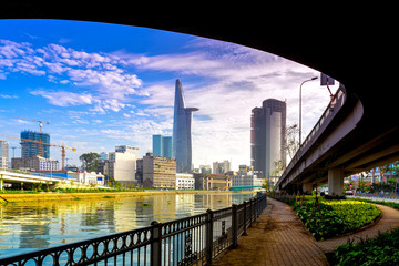 View of Hochiminh city from Tau Hu canal in the morning. This city is the biggest city in Vietnam.