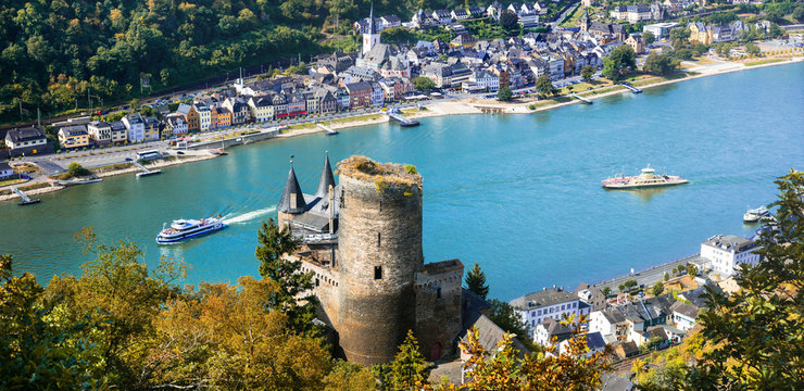 View of Katz Castle Round Tower, Romantic Rhine River Cruise with Tourist Boats, Old World Charm Medieval Fortress, High Resolution Wall Art, UNESCO Rhine Gorge Landmark Germany