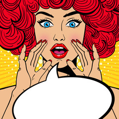 Sexy surprised pop art woman with open mouth, red curly hair and rising hands screaming announcement. Vector background in comic retro pop art style. Party invitation.