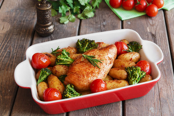 Chicken breast baked with tomato new potatoes and broccoli