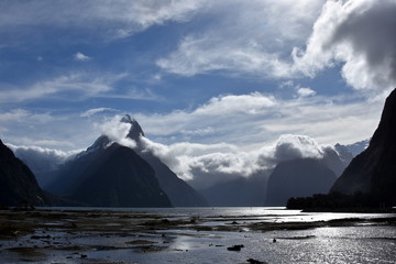 Milford Sound at low tide. Mitre Peak (Fiordland New Zealand). 8th wonder of the world.
