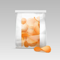 Sealed Transparent Plastic Bag with Potato Chips on White Background