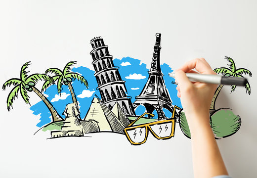 close up of hand drawing touristic landmarks