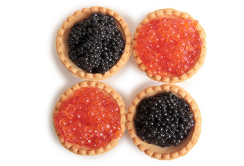 Fish eggs and bread on a white background