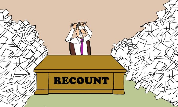 Political Cartoon Showing A Man Pulling His Hair Out Because He Is In Charge Of The Recount.