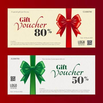 Elegant christmas gift card or gift voucher template with shiny red and green bows and ribbon vector