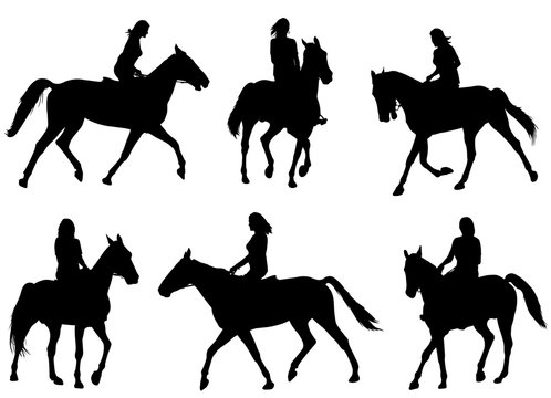 woman riding horse silhouettes - vector