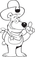 Black and white illustration of a bear in a cowboy hat with an idea.