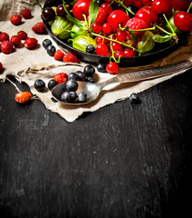 Berries with spoon on cloth.