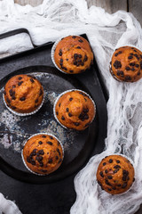 Homemade chocolate chip muffins for breakfast, seasonal cake