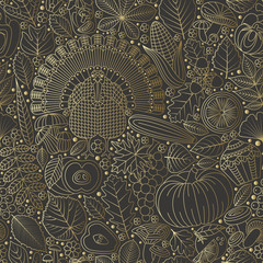Thanksgiving day seamless pattern. Various elements for design. Cartoon vector illustration. Autumn background
