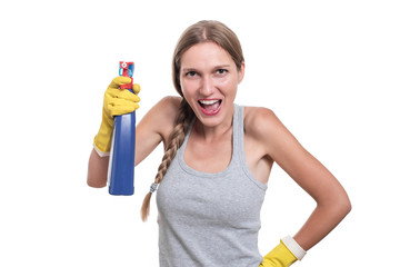 Smiling woman holding bottle of chemistry for cleaning house