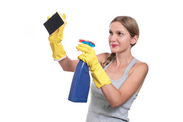 Tired cleaning woman isolated on white background