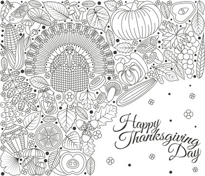 Thanksgiving day greeting card. Various elements for design. Cartoon vector illustration. Holiday background.