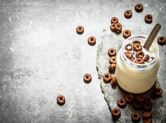 Healthy Breakfast. Chocolate cereal with milk.