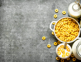 Fitness food. Corn cereal with milk.