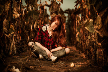 sad woman in sunflowers field ground