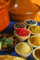 Collection of different spices in old clay bowls in colorful oriental style