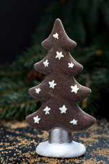 gingerbread Christmas tree on a dark background, closeup