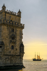 Torre of Belem at sunset, famouse landmark of Lisbon, Portugal,