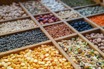 Collection assorted of lentils, beans, peas, grain, groats, soybeans