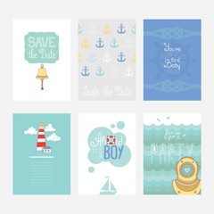 Colorful cards with nautical design elements, set
