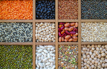 Collection assorted of lentils, beans, peas, grain, groats, soyb