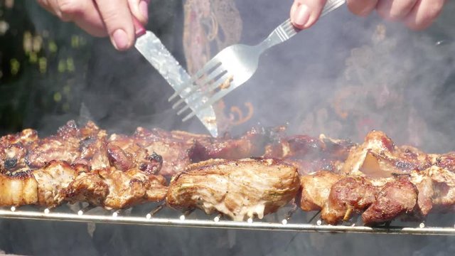 Close up of Pork Meat Steak on Barbecue Grill