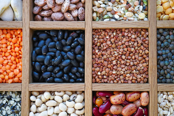 Collection assorted of lentils, beans, peas, grain, groats, soybeans