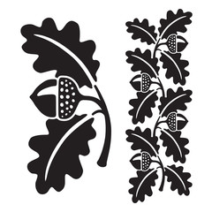 Black and white stylized illustration of acorns and oak leaves. Isolated on white background.