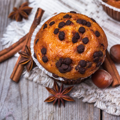 Homemade chocolate chip spicy muffins cake for breakfast