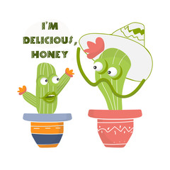  Two green flowers made in a cartoon style. Caricature of a Anthropomorphic Flowers Loving Couple.