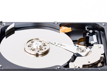 Close-up view of an opened computer hard disc drive