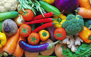 Vegetables background, assortment of raw vegetables close up