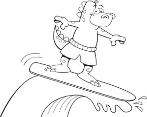 Black and white illustration of a dinosaur surfing.